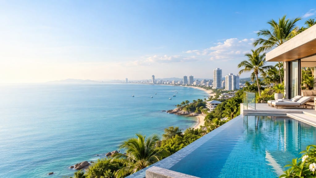 Villa terrace with an infinity pool overlooking Pattaya Bay and the city skyline